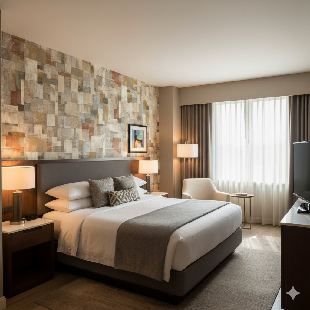 Geometric mosaic wallpaper in neutral tones with a block pattern.