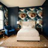 Floral pattern wallpaper by Brewster features blooms in hues of white and beige on a teal background.