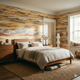 Sunbaked strata wallpaper with abstract cloud pattern, decorative trim, and a view of a furnished bedroom.