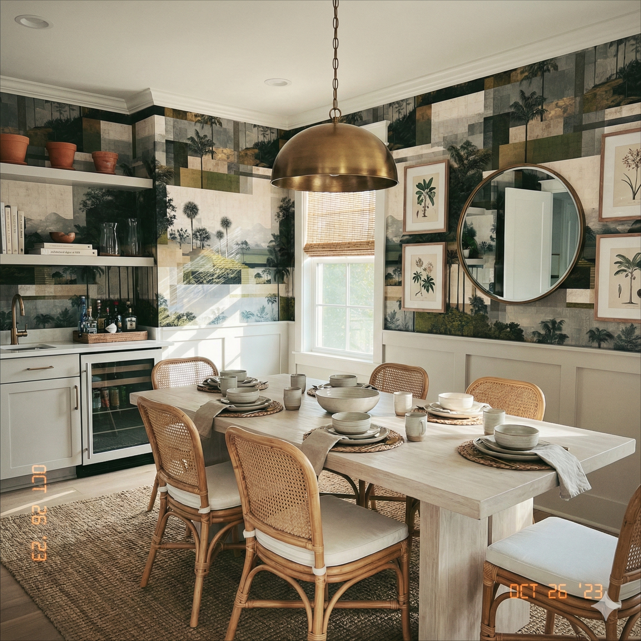 Lowcountry Memory wallpaper with a tropical print, behind a dining table, and featuring earthy tones.