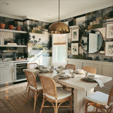 Lowcountry Memory wallpaper with a tropical print, behind a dining table, and featuring earthy tones.