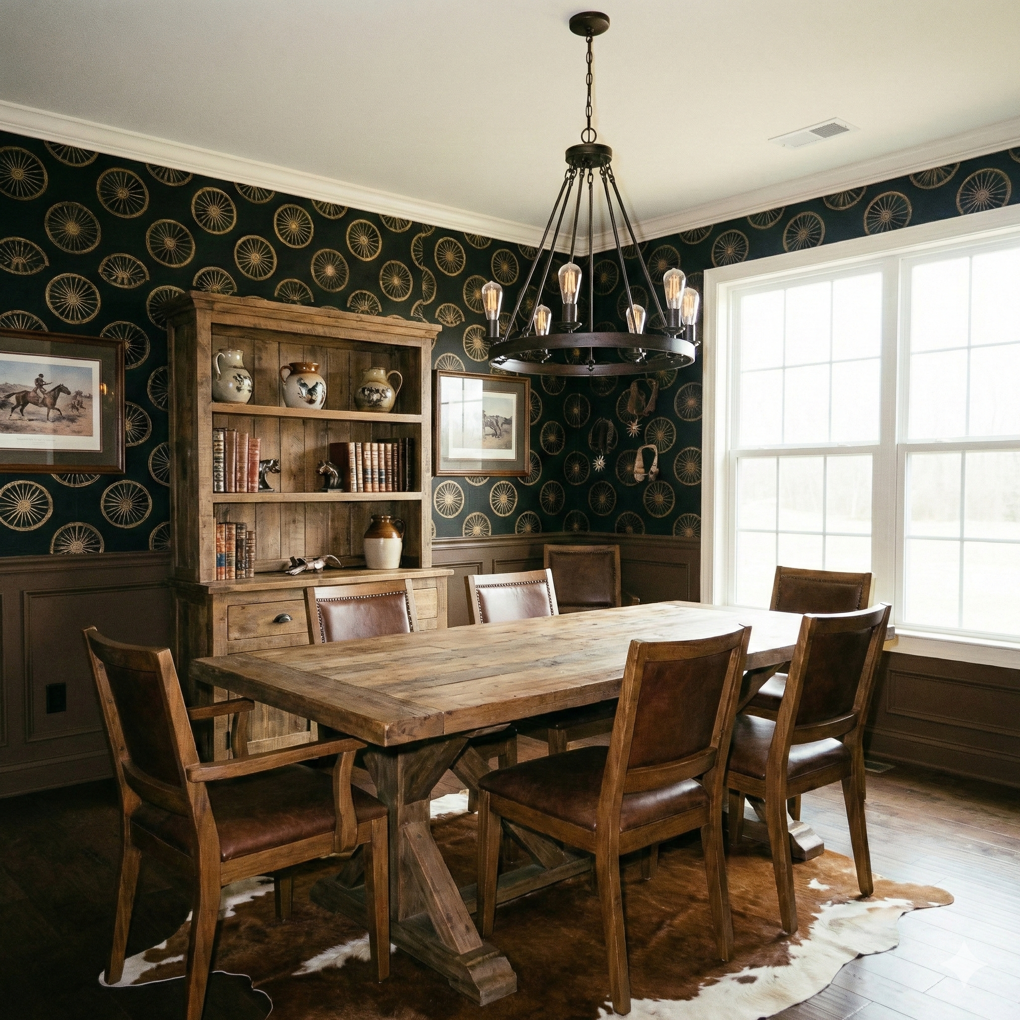 Patterned Frontier Wheelhouse Wallpaper with gold wheels on a dark green background.