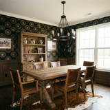Patterned Frontier Wheelhouse Wallpaper with gold wheels on a dark green background.