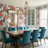 Floral Roselle Court Wallpaper with red and blue flowers on a white background.
