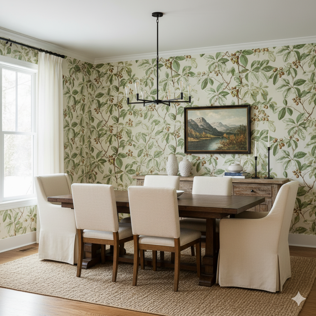 Buckeye Grove wallpaper with green leaf pattern, covering a dining room wall, with a dark wood table and beige upholstered chairs.