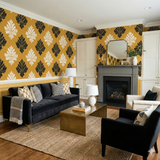 Patterned Guildhall Linen Wallpaper with black and white floral motif on mustard yellow background.
