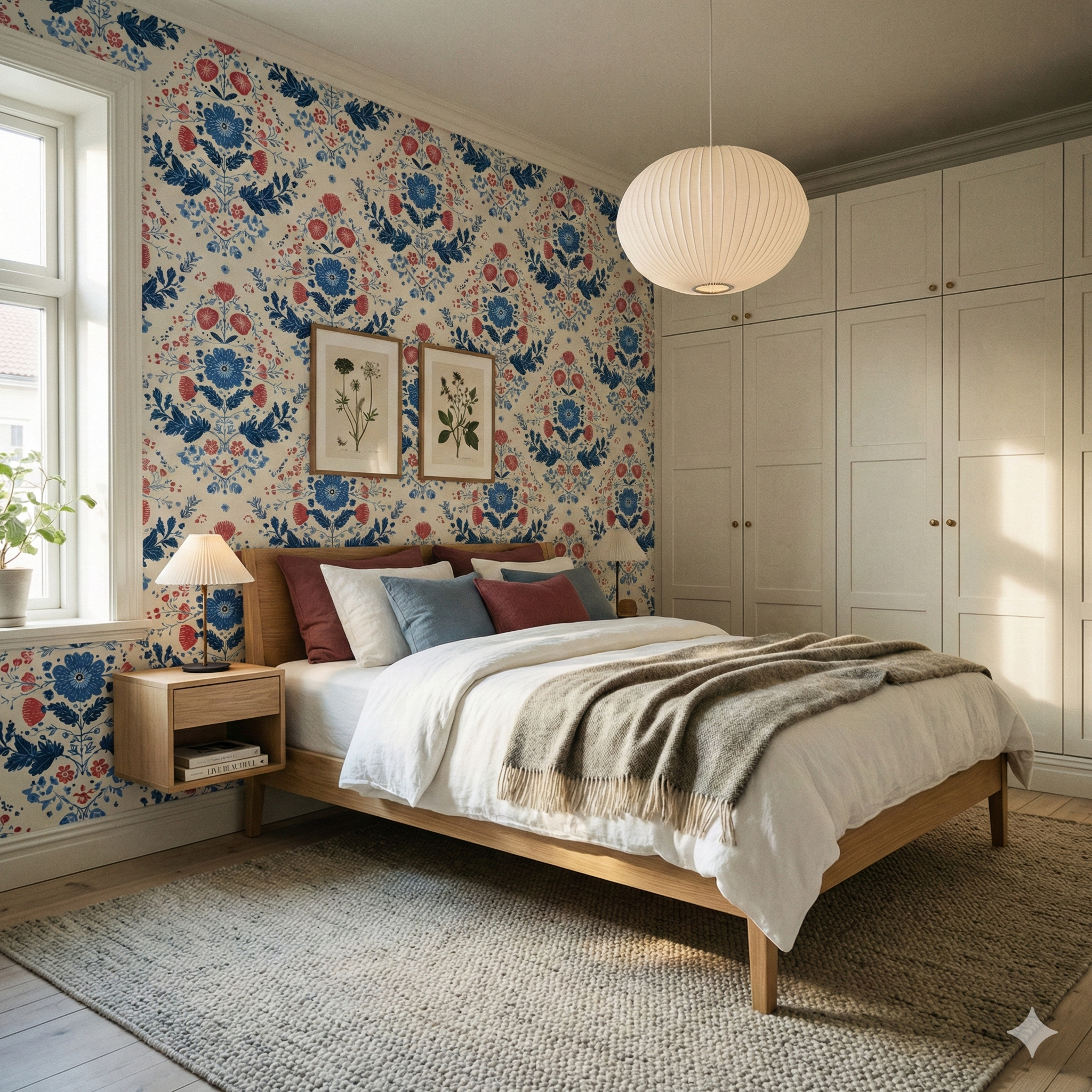 Floral wallpaper with blue and red pattern, from Folk & Fire, covering bedroom wall.