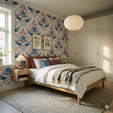 Floral wallpaper with blue and red pattern, from Folk & Fire, covering bedroom wall.