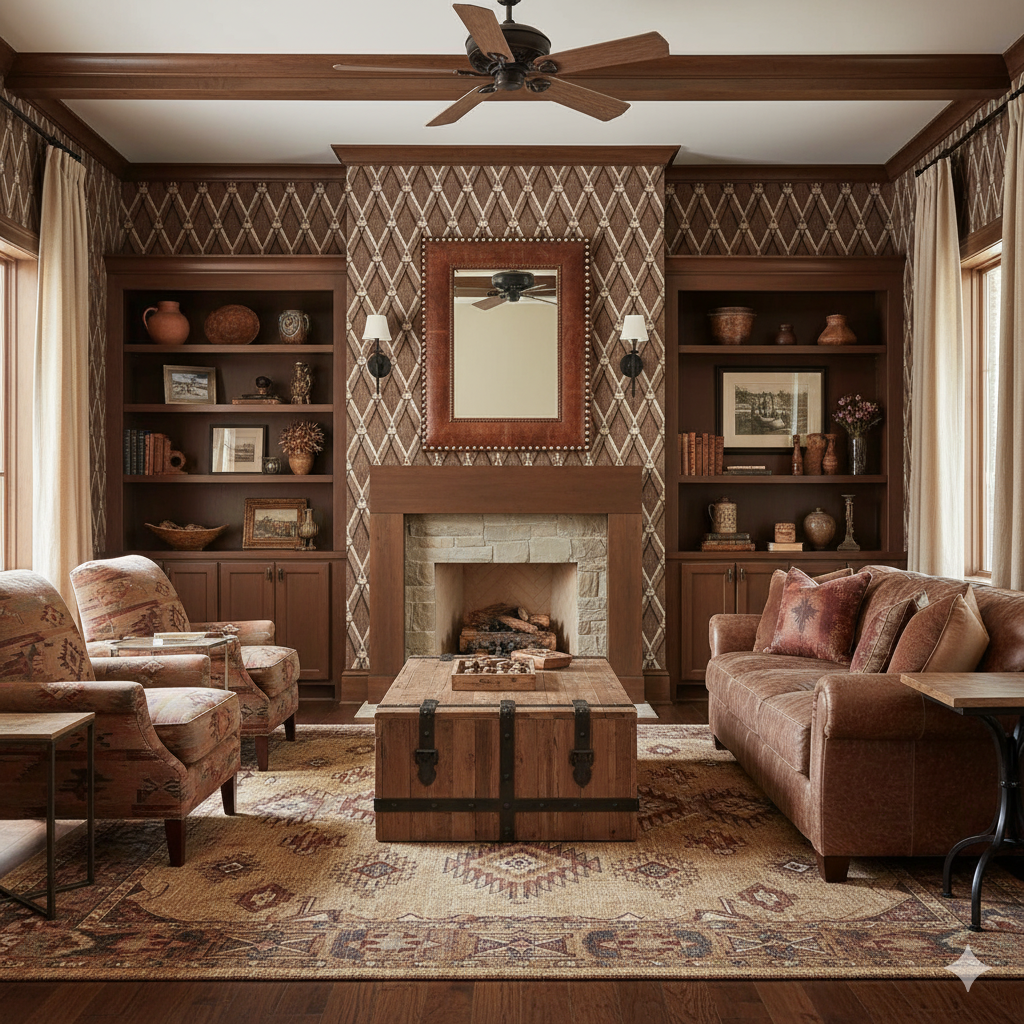 Tetherfield Weave Wallpaper with diamond pattern on a brown textured surface.