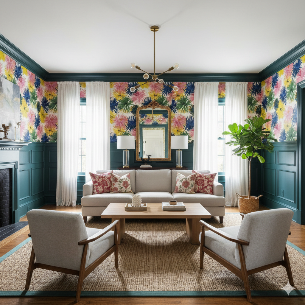 Floral wallpaper with flower pattern, by Schumacher, in a colorful and vibrant botanical style.