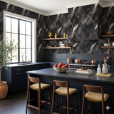 Nocturne Aurum wallpaper with marble pattern, featuring black and gold veins.

