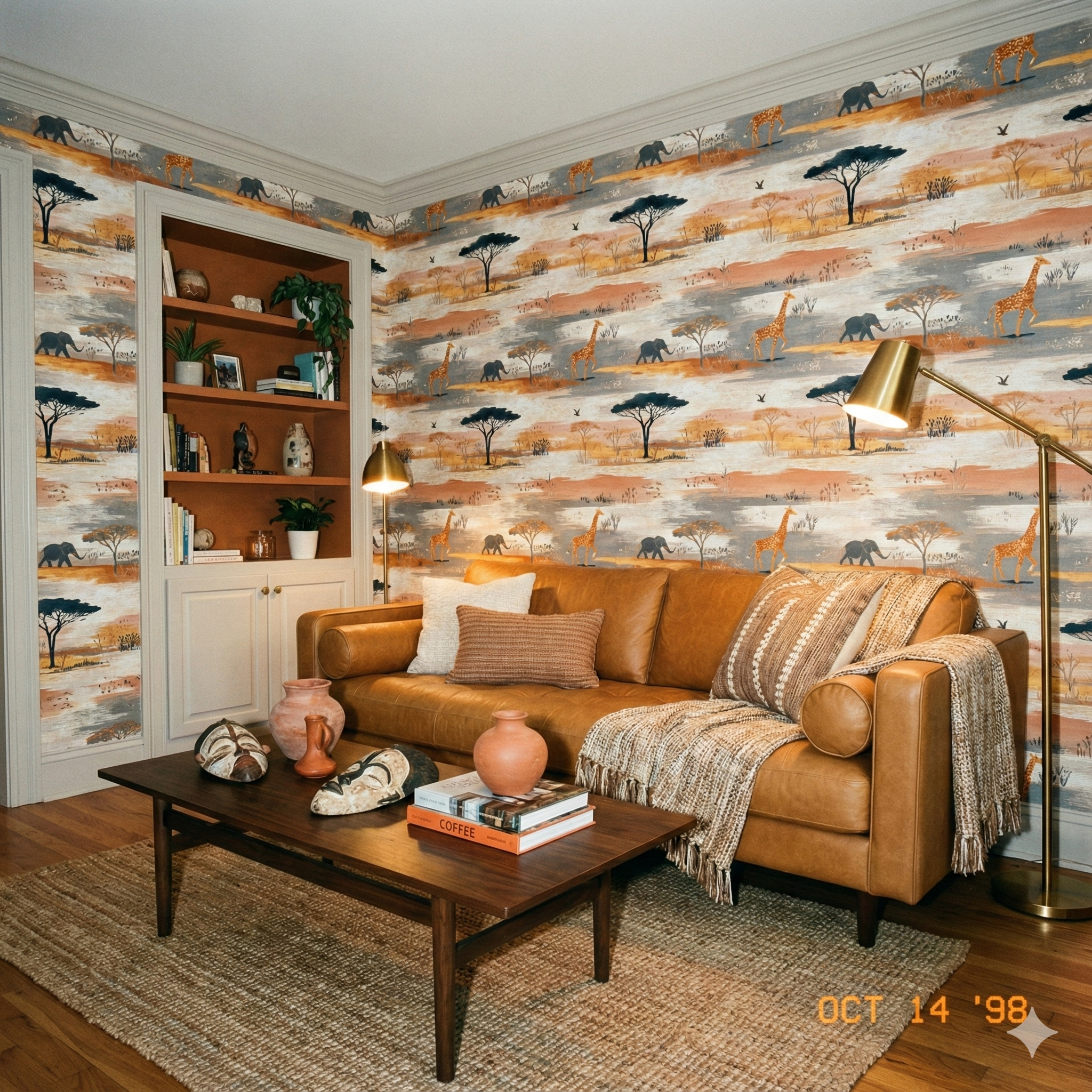 Savanna Meridian Wallpaper with giraffe and elephant pattern on an abstract earth tone backdrop.
