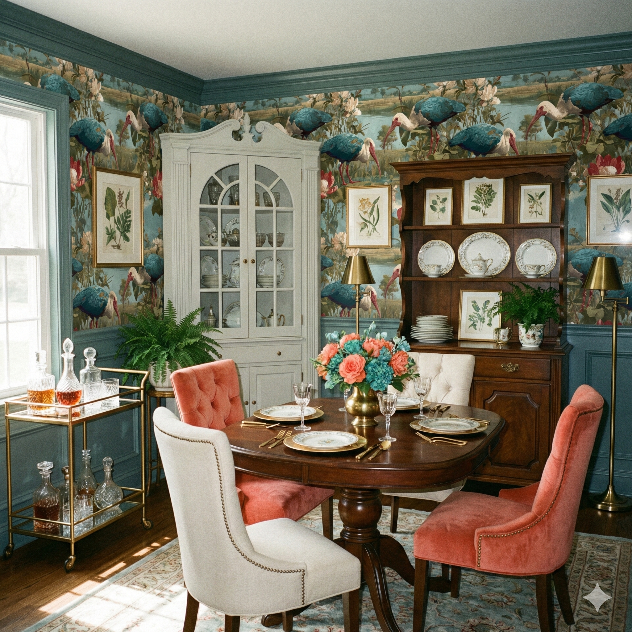 Patterned Lowcountry Reverie wallpaper with teal, blue, and white birds, set in a dining room scene.