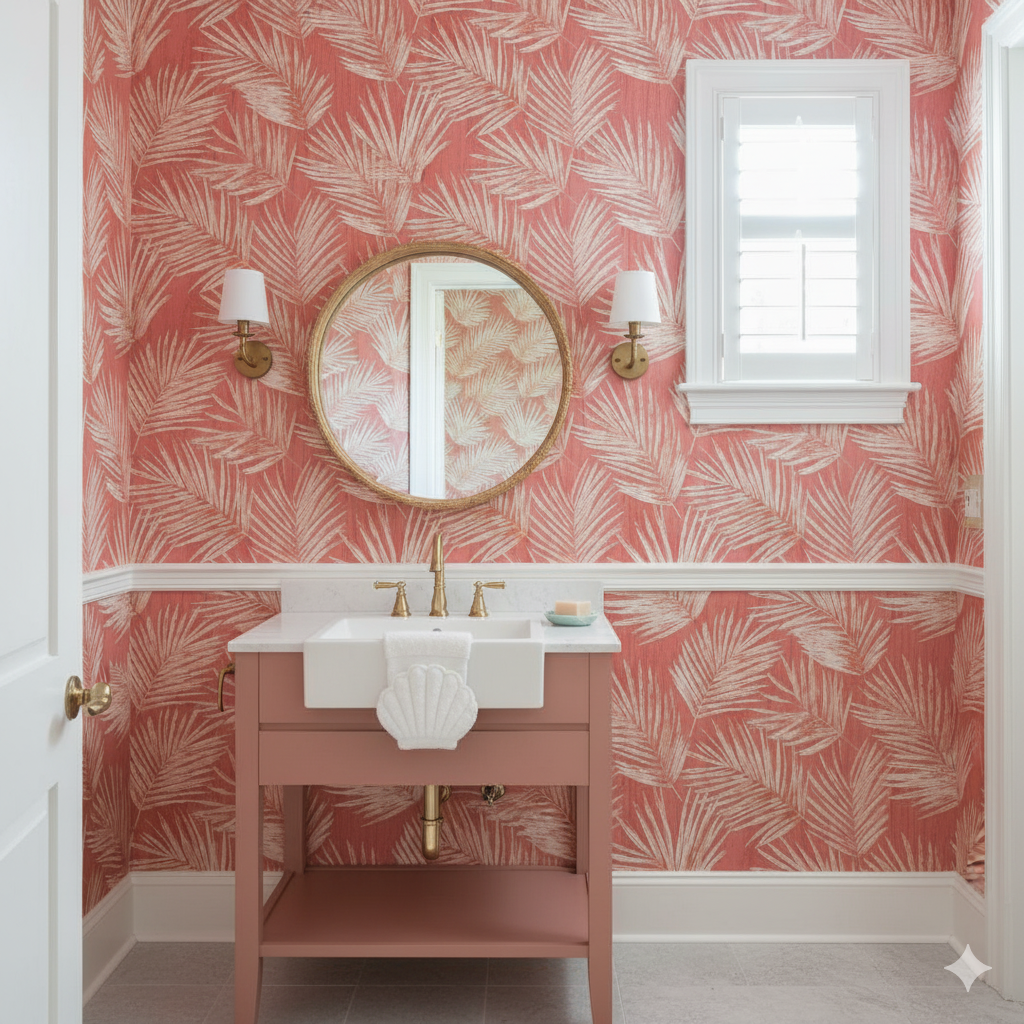 Palm leaf wallpaper with coral background, from Caldera, with a stylized, tropical pattern and a traditional style.
