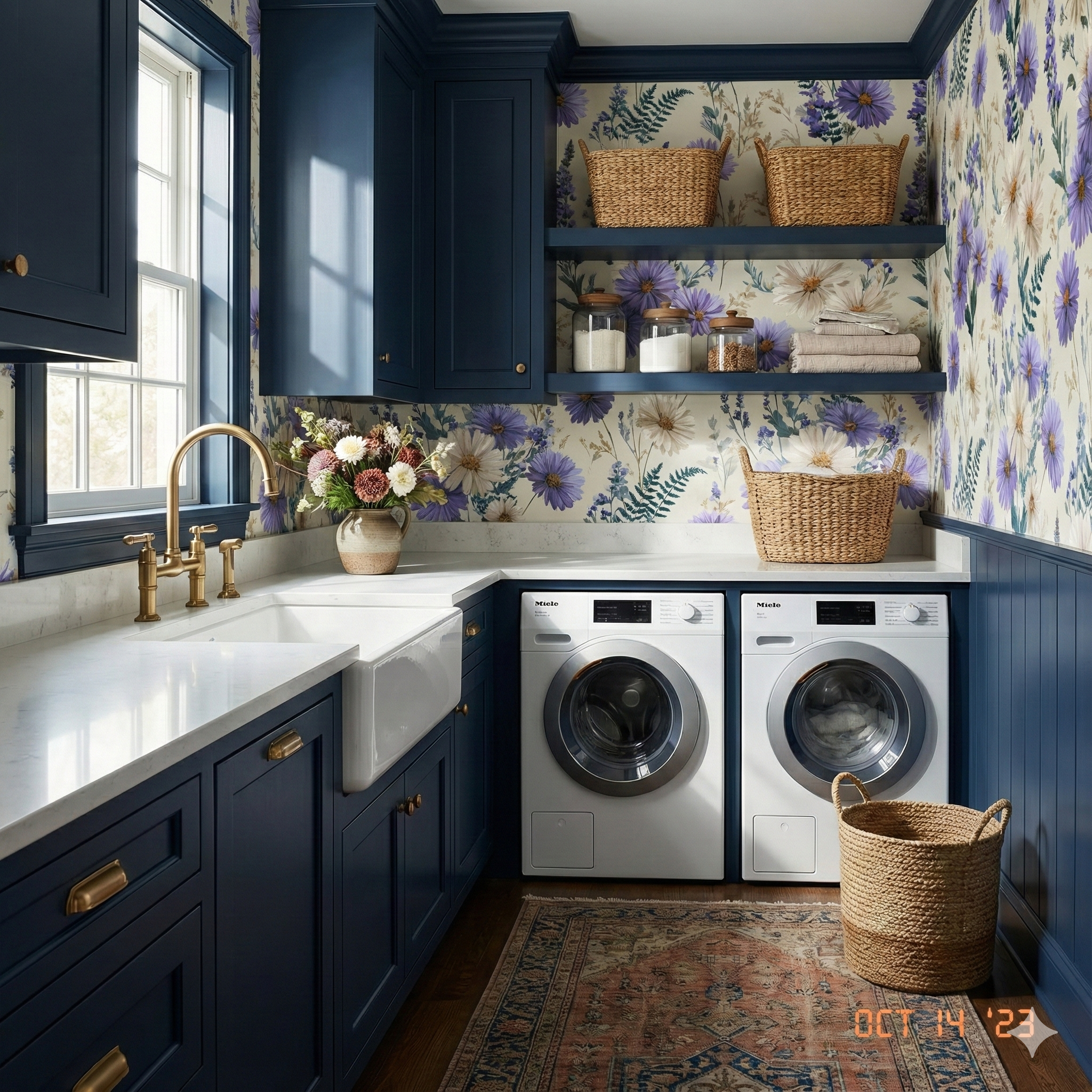 Floral wallpaper with lavender accents, featuring a daisy pattern, and botanical designs.
