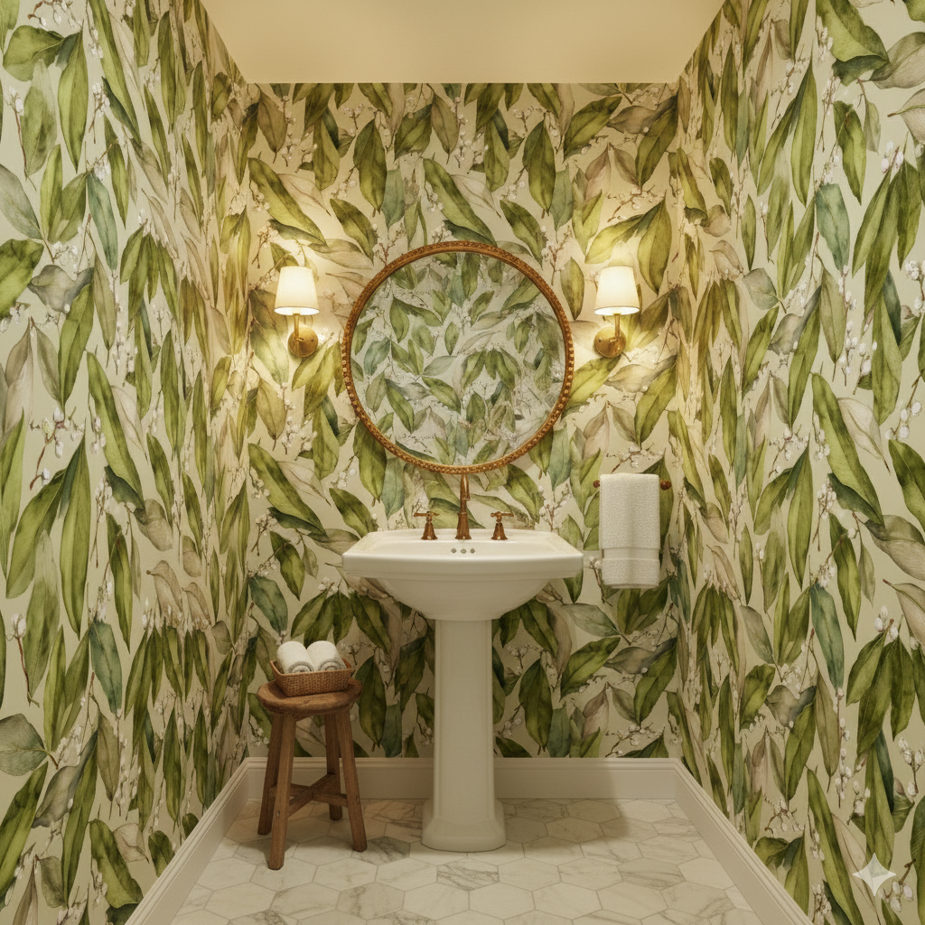 Evergreen Chapel Wallpaper with a green leaf pattern, decorating a powder room.
