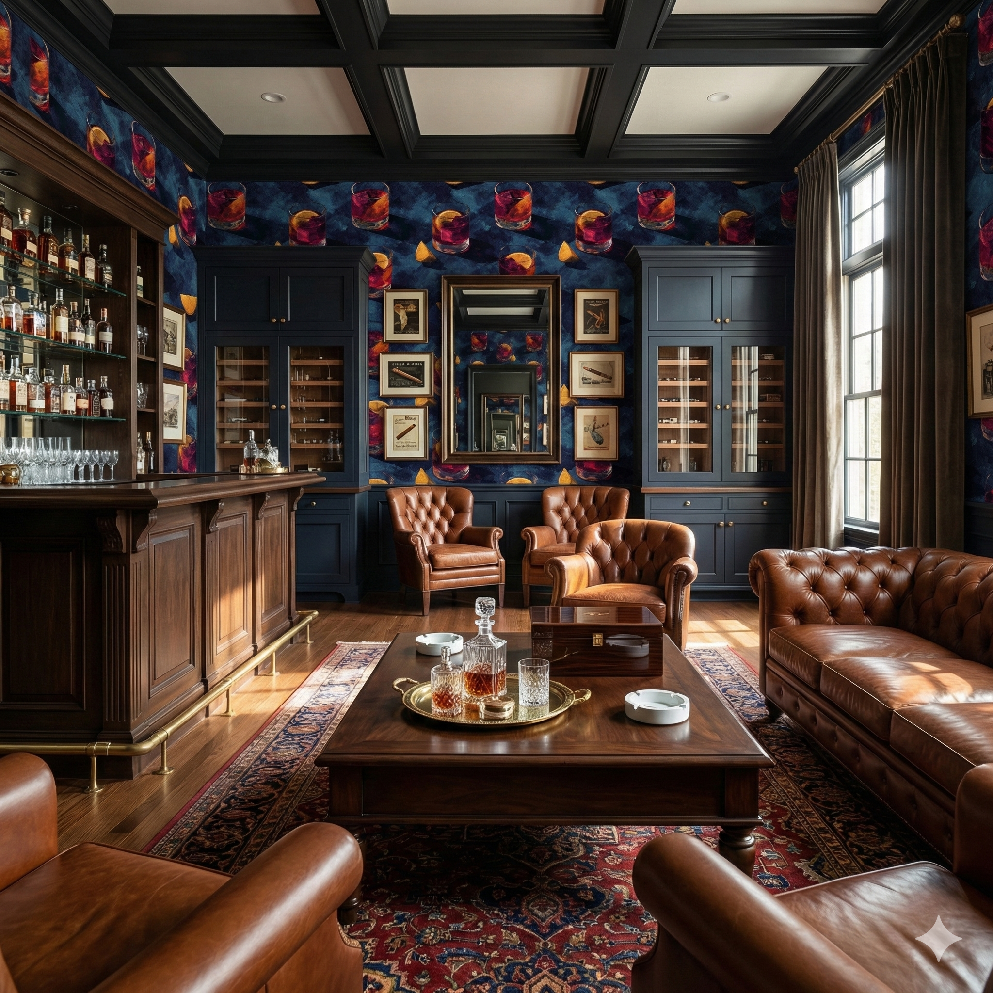 Evening Apertivo Wallpaper with aperol cocktails from Brewster Home Fashions, displayed in a home bar.