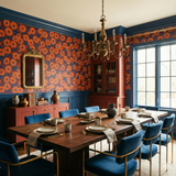 Floral field wallpaper with orange and blue blooms, patterned wall decor.