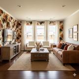 Painted hide wallpaper with floral and foliage patterns, adding a rustic and nature-inspired aesthetic to the room.
