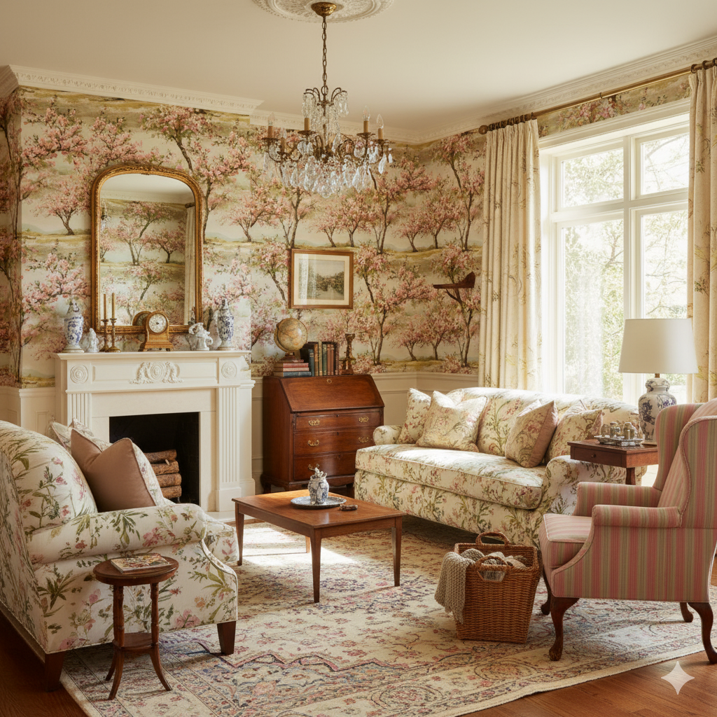 Patterned wallpaper featuring blossom trees from rows over a landscape scene.
