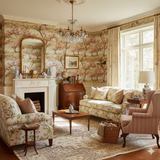 Patterned wallpaper featuring blossom trees from rows over a landscape scene.
