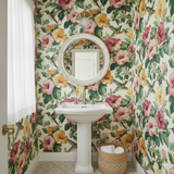Floral Solera Hibiscus Wallpaper with a hummingbird pattern and lush botanical details.

