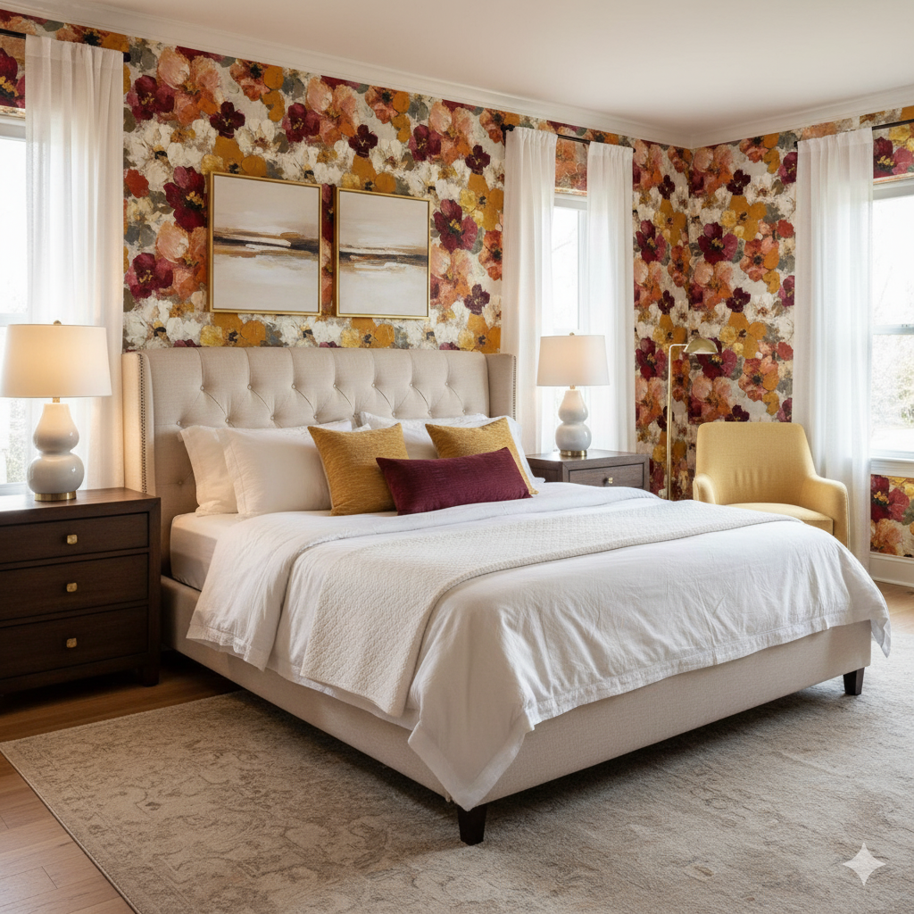 Floral Provençal Bloom Wallpaper featuring colorful flowers against a patterned background.