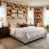 Floral Provençal Bloom Wallpaper featuring colorful flowers against a patterned background.