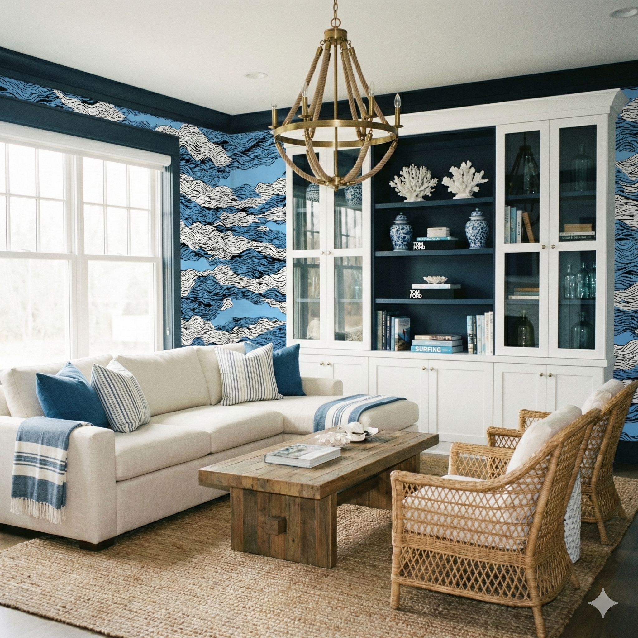 Static Tide Wallpaper with blue wave pattern, covering the walls in a coastal-themed living room.
