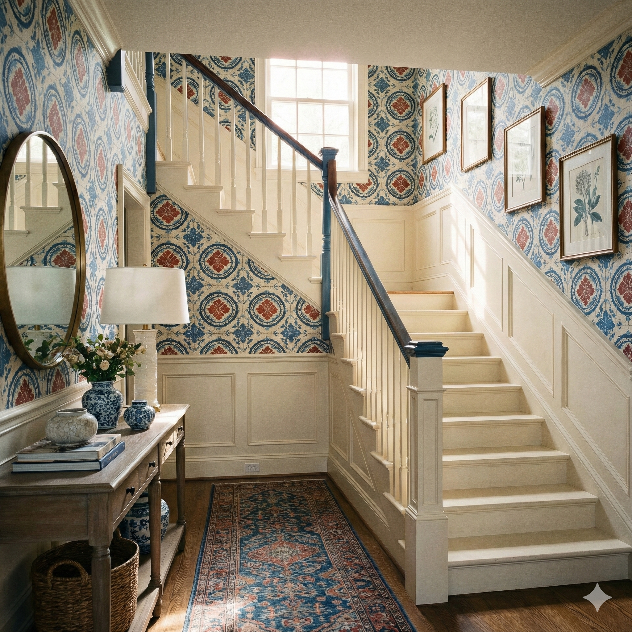 Patterned wallpaper with floral and geometric motifs, in blue, red, and cream tones.
