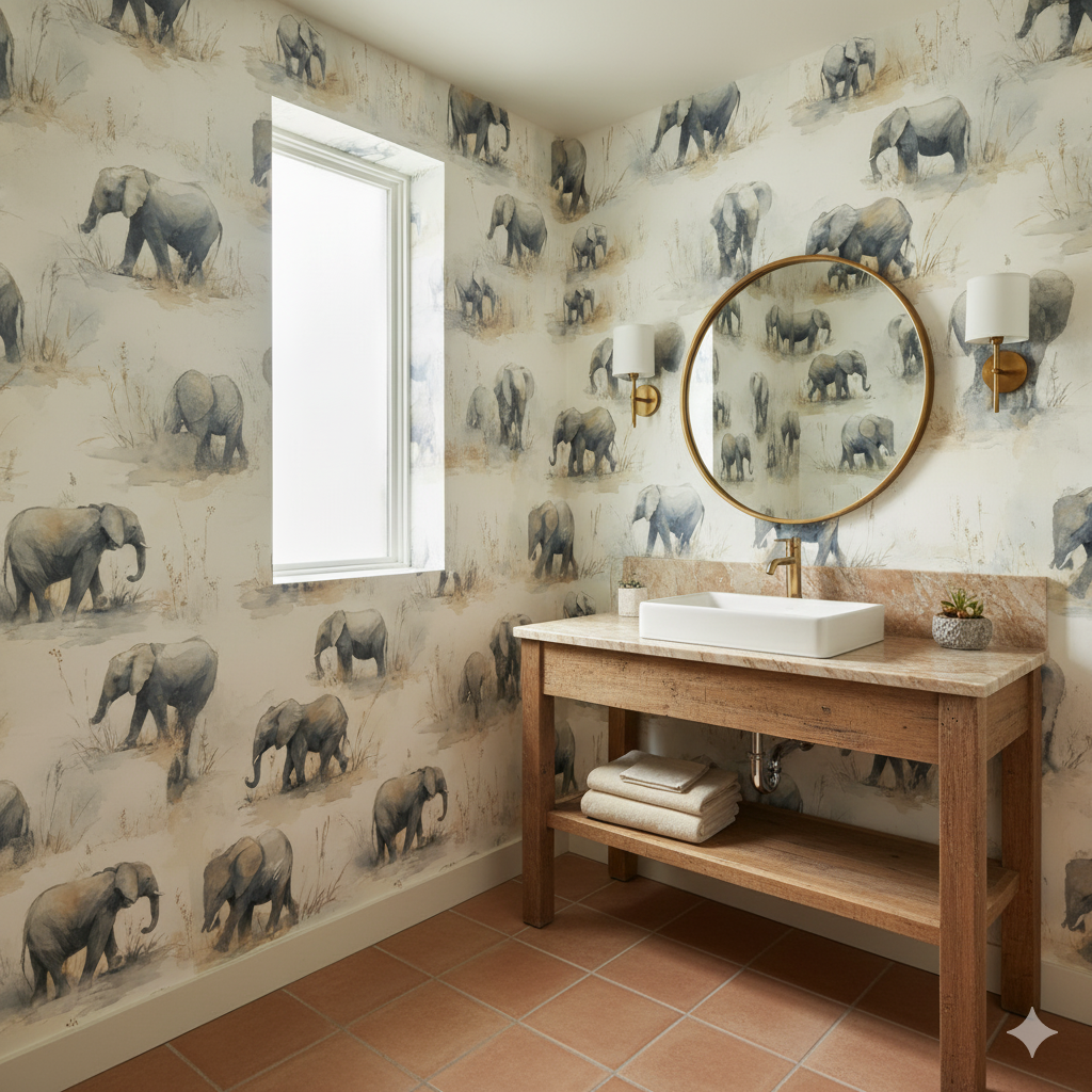 Sand and memory wallpaper with an elephant pattern, decorating a bathroom.
