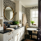 Black and white patterned wallpaper from Studio Four NYC, decorating a bathroom with a round gold mirror and white vanity.
