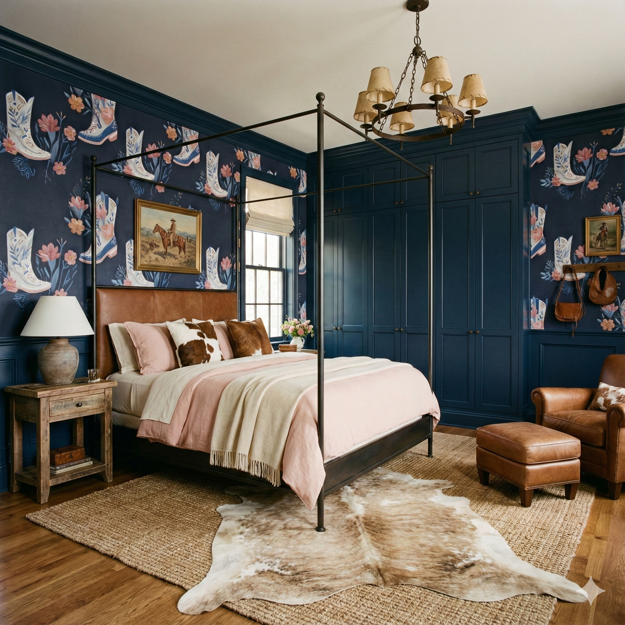Bluebonnet Rodeo Wallpaper featuring a cowboy boot and floral pattern on a blue background.