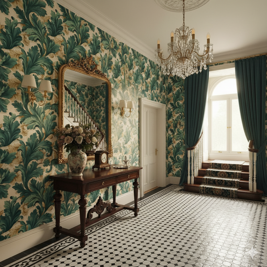 Green and beige Verdura Grande Wallpaper with leafy patterns covering a room.