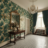 Green and beige Verdura Grande Wallpaper with leafy patterns covering a room.