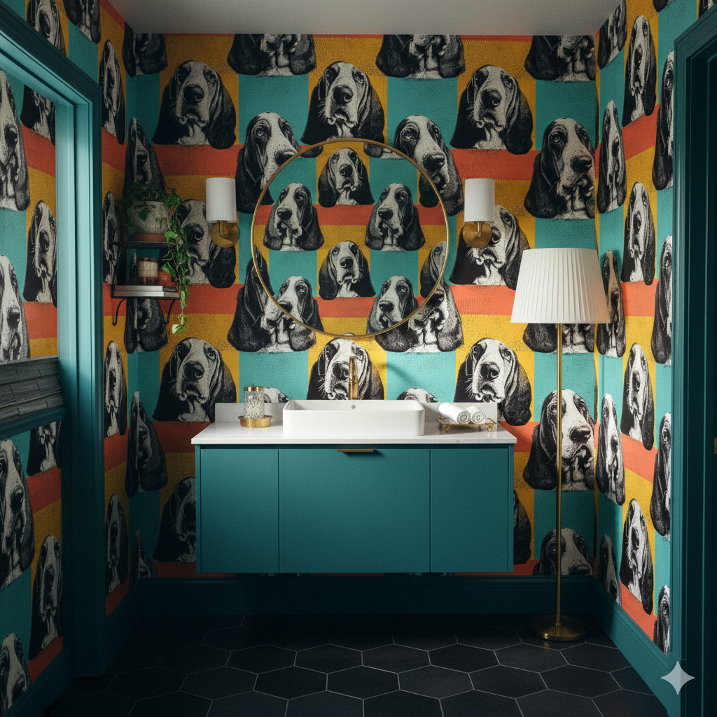Mod Basset wallpaper with dog pattern on a geometric backdrop.
