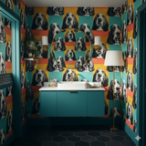 Mod Basset wallpaper with dog pattern on a geometric backdrop.
