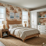 Palmera Sundrift wallpaper with a palm tree pattern covering the walls of a bedroom.