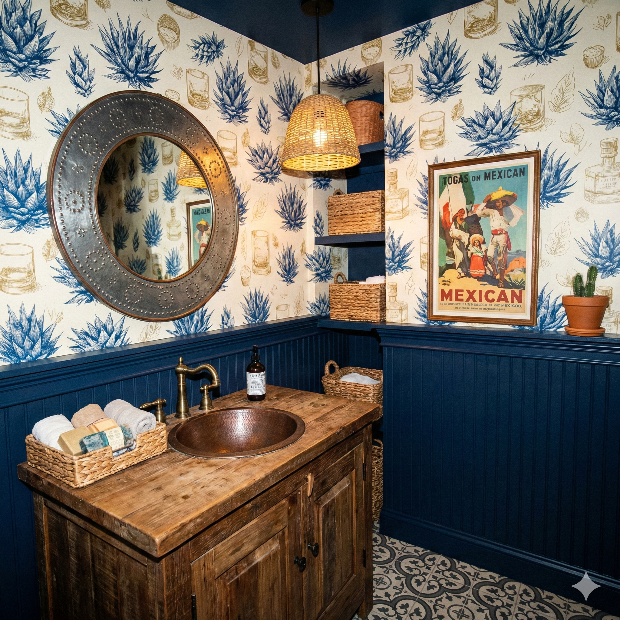 Jalisco Dry wallpaper featuring tequila agave plant graphics, paired with golden leaves and sketched liquor glasses.
