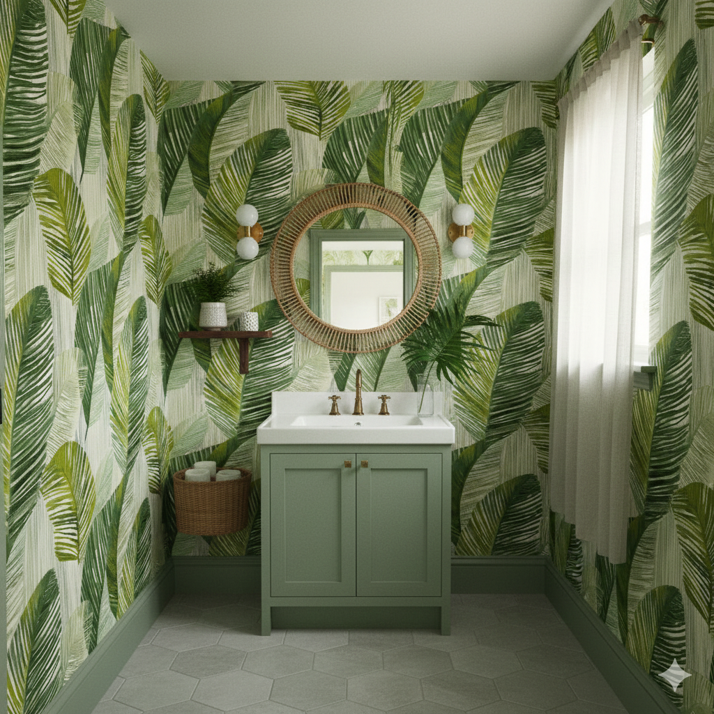 Green leaf pattern wallpaper with a tropical aesthetic, set in a modern bathroom.
