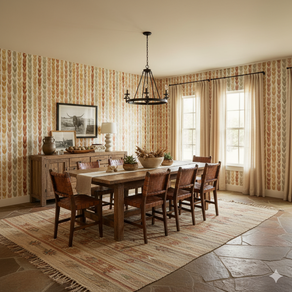 Autumn Plait Wallpaper with warm-toned leaf pattern, covering the walls in a dining room.
