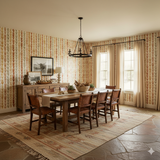 Autumn Plait Wallpaper with warm-toned leaf pattern, covering the walls in a dining room.
