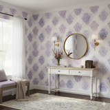Lavender haze medallion wallpaper with damask pattern.