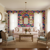 Floral Capri Garden Wallpaper with colorful pattern, covering the walls in a living room with a sofa and chairs.
