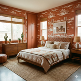 Orange Sonora Vista Chronicle Wallpaper with desert scene toile pattern.