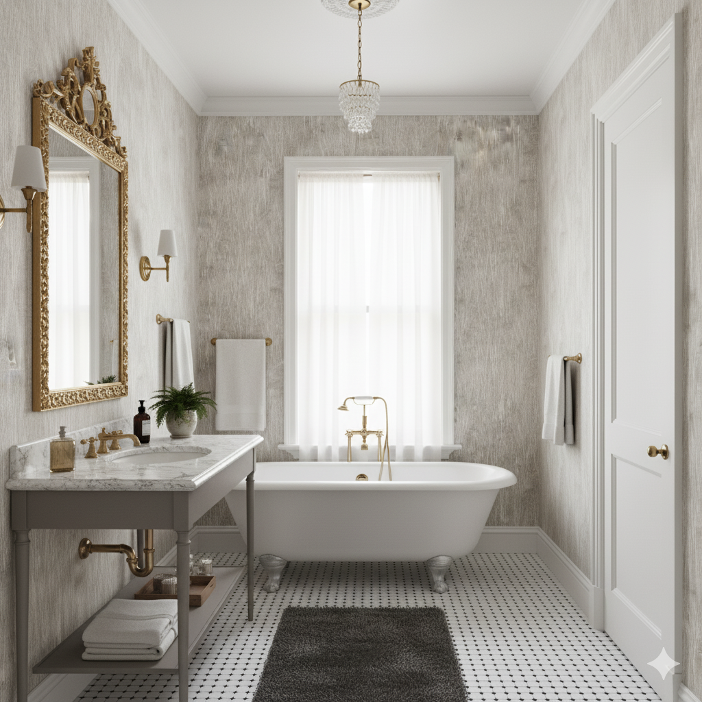 Prairie Ghost wallpaper with a neutral textural design, covering the bathroom walls behind a white bathtub and vanity.
