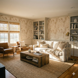 Reedsong wallpaper with a neutral pattern, from Windmere, displayed as a living room backdrop.
