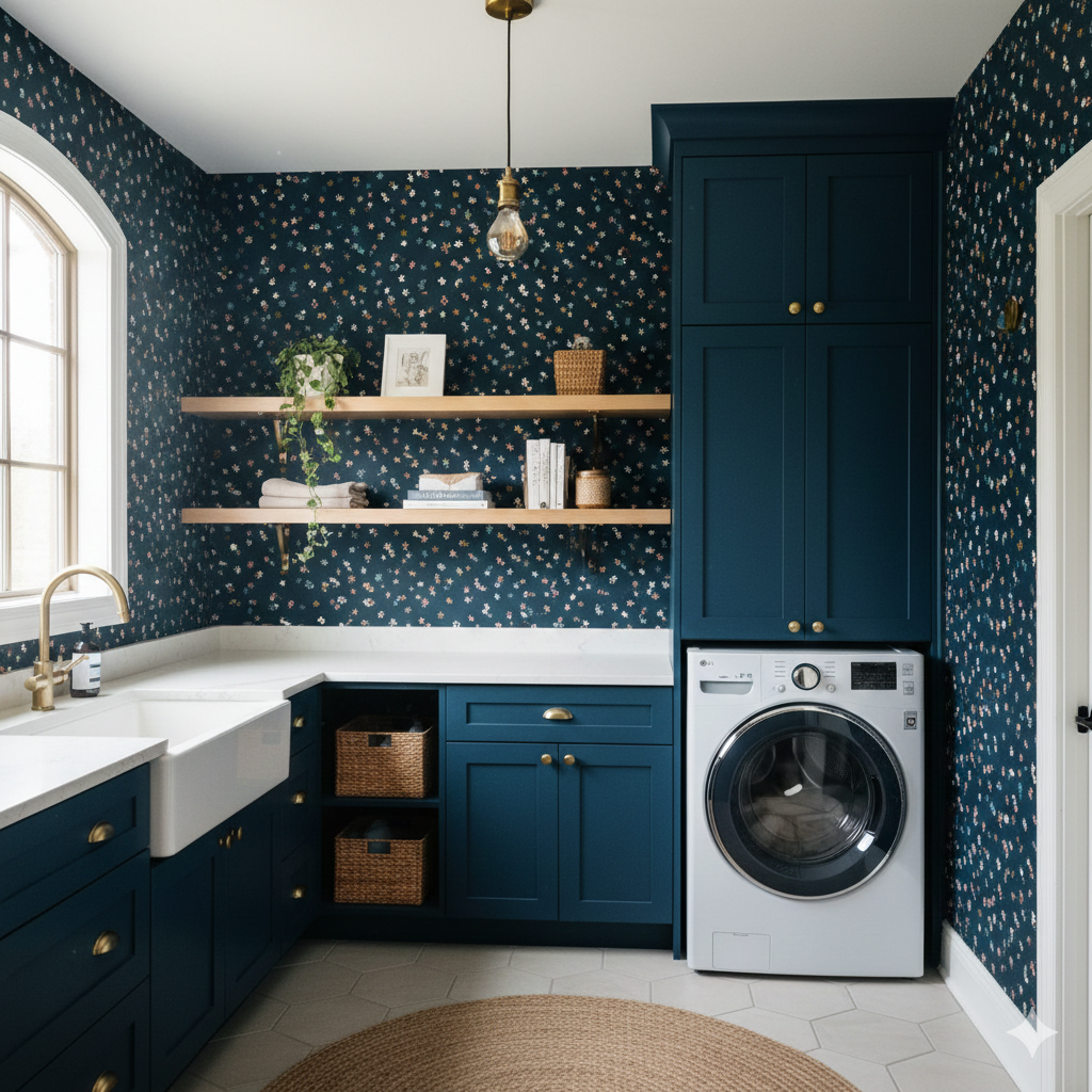 Midnight confetti field wallpaper with a floral pattern in a laundry room setting.