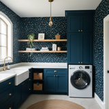 Midnight confetti field wallpaper with a floral pattern in a laundry room setting.