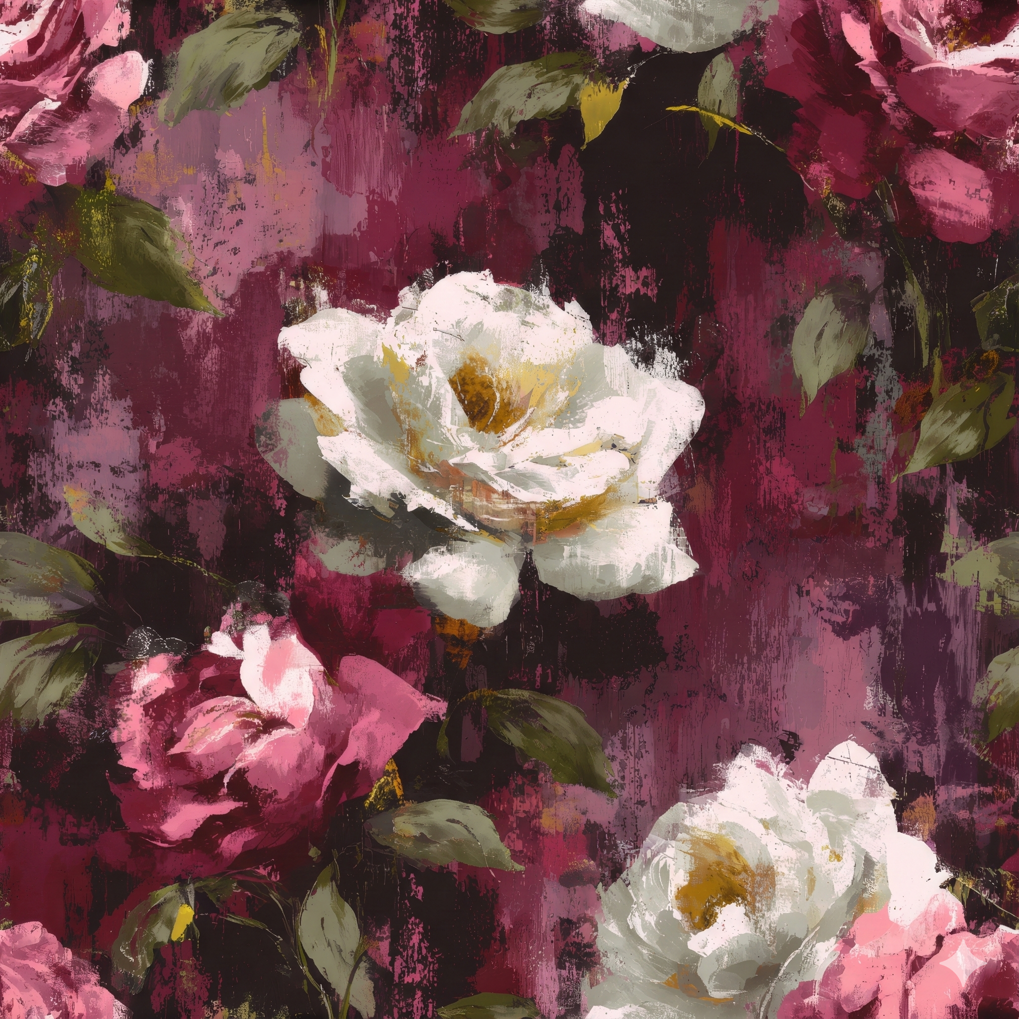 Floral Rosava Marquette Wallpaper with a painted rose and leaf pattern.